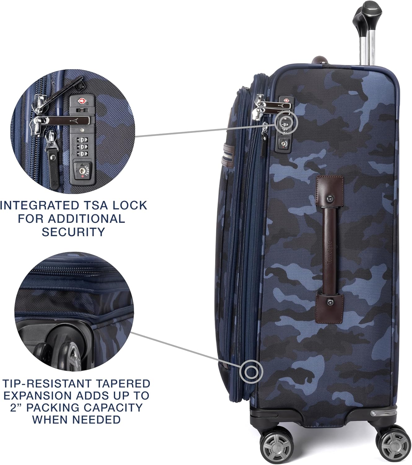 Travelpro Platinum Elite Softside Expandable Checked Luggage, 8 Wheel Spinner Suitcase, TSA Lock, Men and Women, Navy Camouflage, Checked Medium 25-Inch
