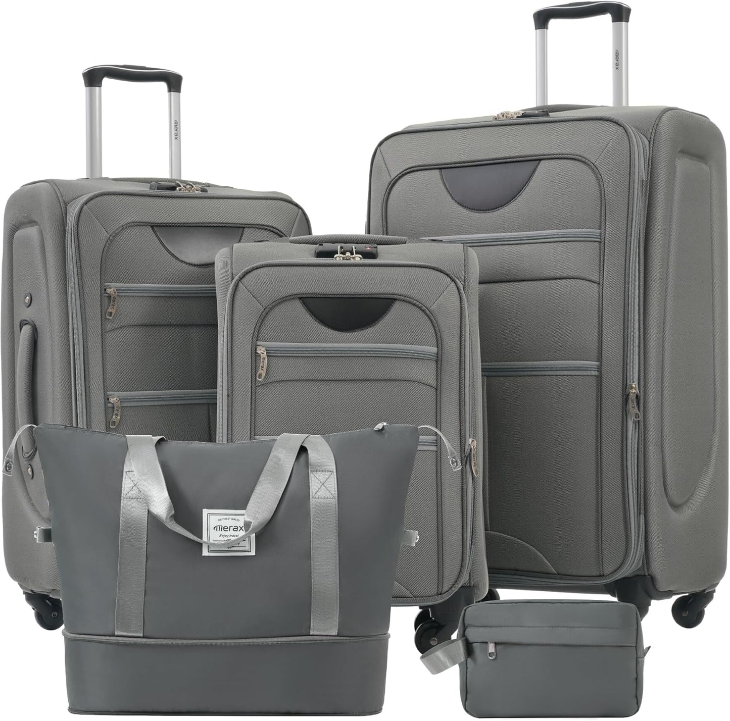 Merax Softside Luggage Set 3 Piece Suitcase with Duffel Bag Spinner Wheels Lightweight Expandable Travel Luggage 22" 26" 30",Grey