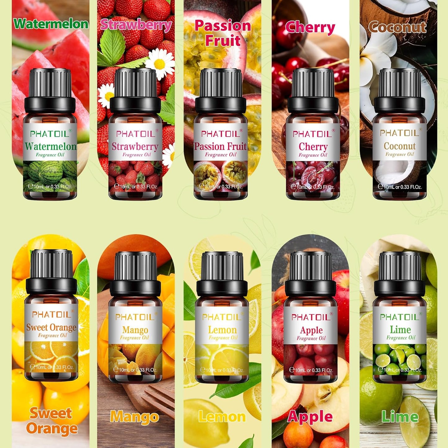 PHATOIL 10pc Fruity Fragrance Oil Set - Coconut, Cherry, Apple, Strawberry, Mango Candle & Soap Scents, Diffuser Oil Set
