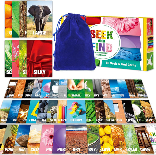 Seek and Find Scavenger Hunt Card Game, 50 Seek and Find Cards, Funny Games for Family, Toddlers, Kids, Adults-Outside, Yard, Camping Activities