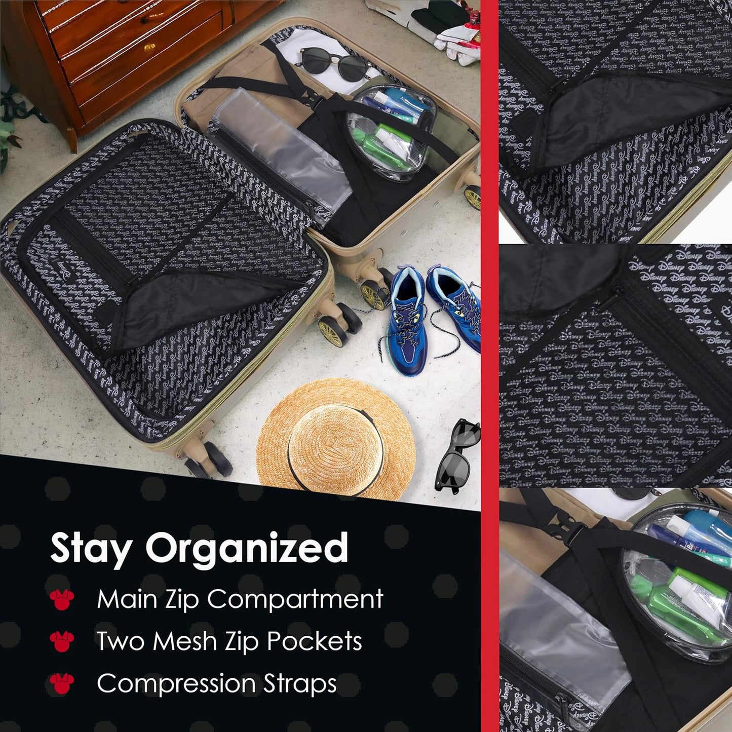 FUL Disney Carry On Luggage, Textured Hardshell Rolling Suitcase with Spinner Wheels, Minnie Mouse-Gold, 22 Inch