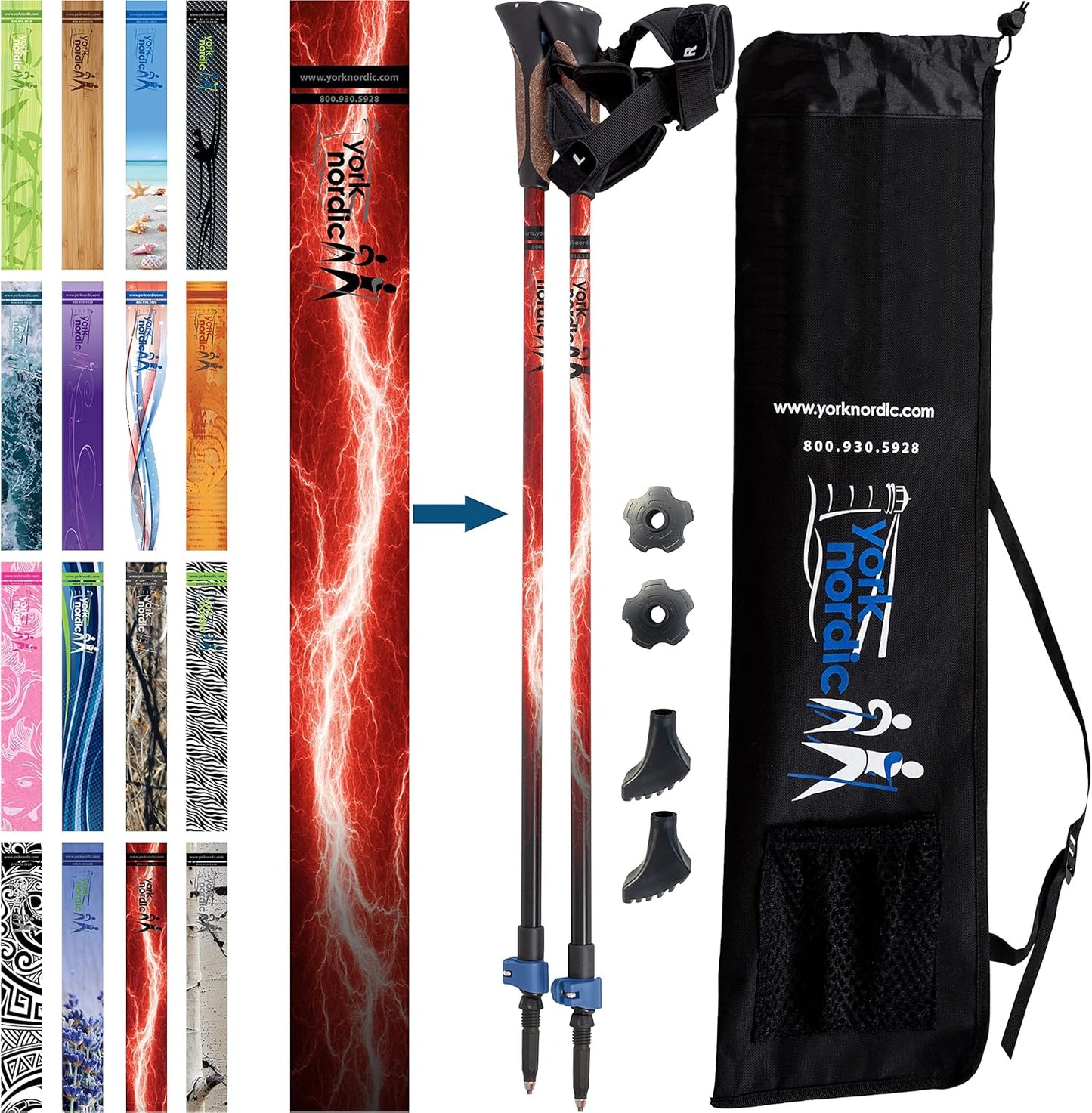 Official Nordic Walking Poles - True Classic Nordic Glove Grips, Lightweight, Adjustable, and Collapsible -2 Pieces w/flip Locks, Detachable Feet and Travel Bag by York Nordic - Heights 5'4"-6'2"