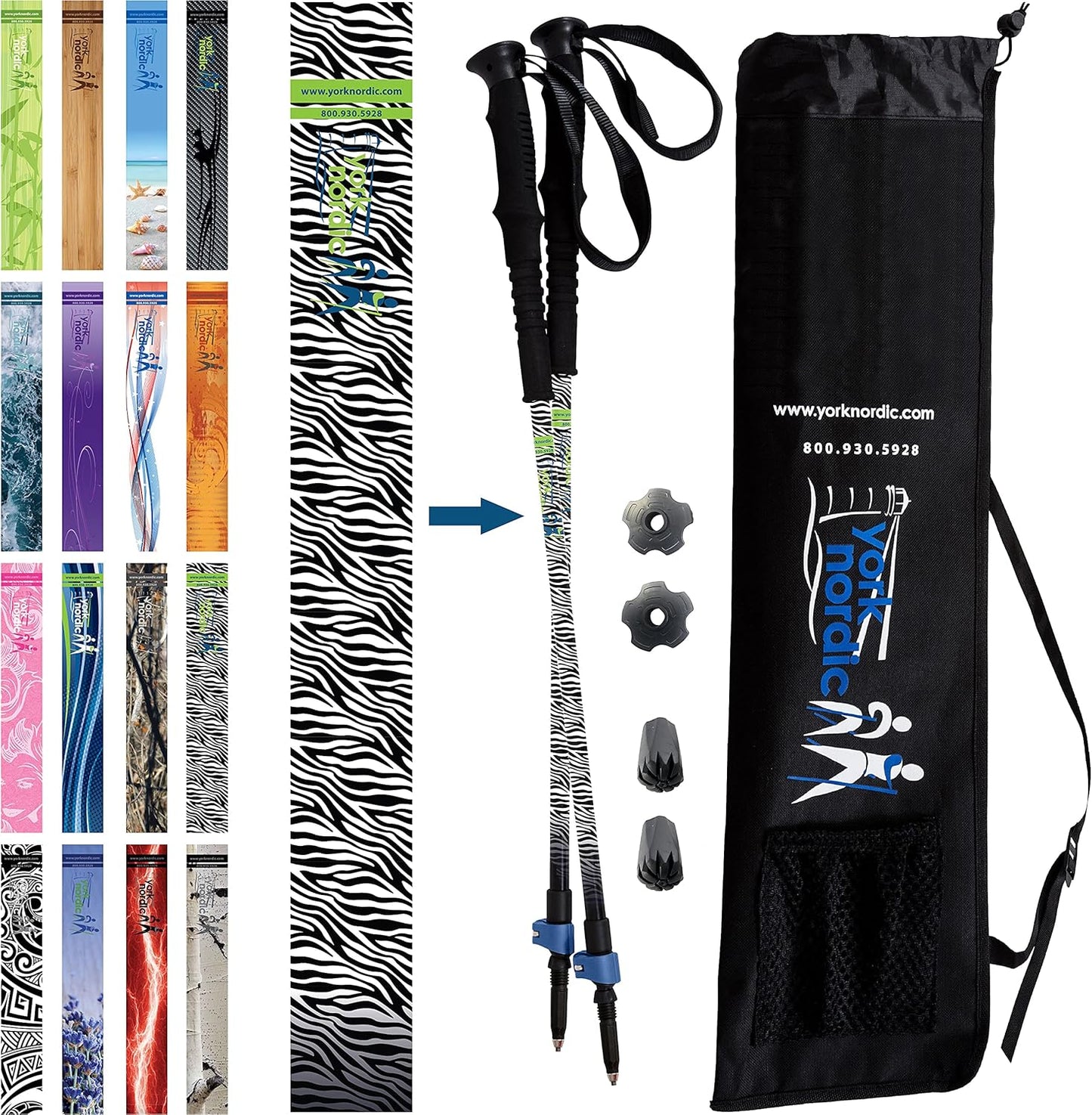 York Nordic Hiking & Walking Poles - Cushion Foam Grips w/Nordic Strap - Lightweight, Adjustable, and Great for Balance -2 Pieces w/Flip Locks, and Travel Bag - Heights 5'4"-6'2"