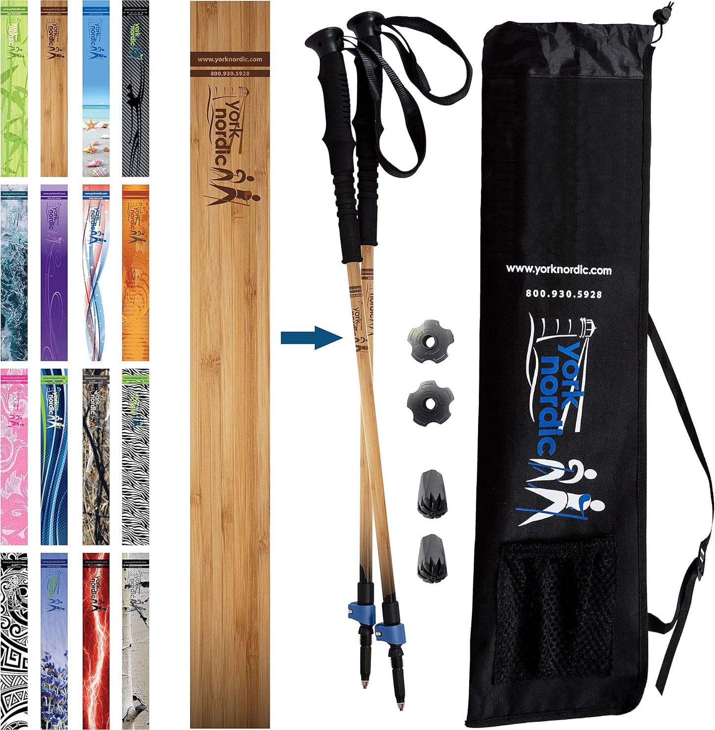 York Nordic Hiking & Walking Poles - Cushion Foam Grips w/Nordic Strap - Lightweight, Adjustable, and Great for Balance -2 Pieces w/Flip Locks, and Travel Bag - Heights 5'4"-6'2"