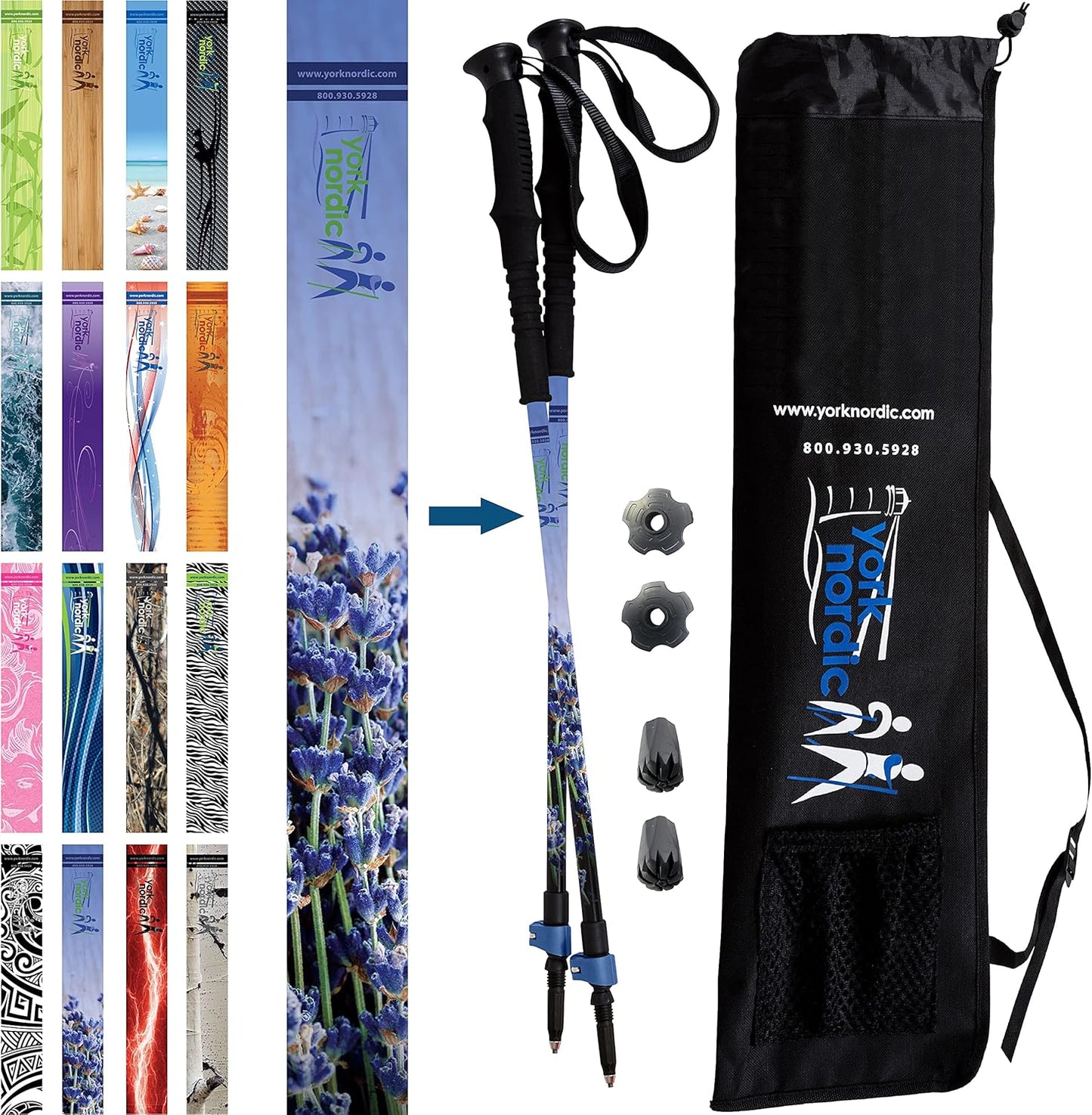 York Nordic Hiking & Walking Poles - Cushion Foam Grips w/Nordic Strap - Lightweight, Adjustable, and Great for Balance -2 Pieces w/Flip Locks, and Travel Bag - Heights 5'4"-6'2"