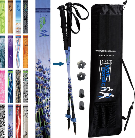 York Nordic Hiking & Walking Poles - Cushion Foam Grips w/Nordic Strap - Lightweight, Adjustable, and Great for Balance -2 Pieces w/Flip Locks, and Travel Bag - Heights 5'4"-6'2"