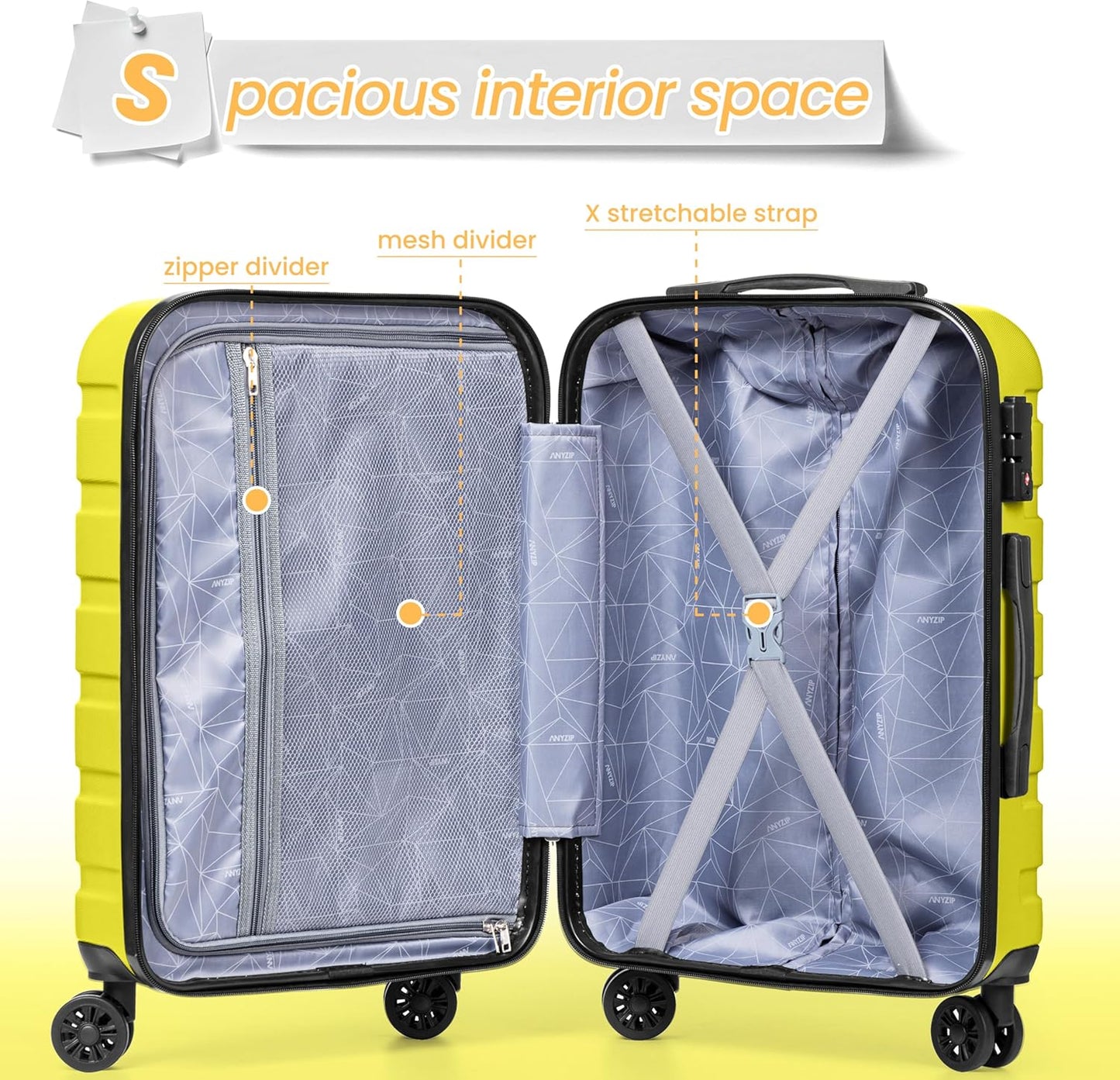 AnyZip Luggage Sets 3 Piece Hardshell Suitcase Set PC ABS Lightweight Travel Suitcases with 4 Double Spinner Wheels TSA Lock 20 24 28 Inch Black