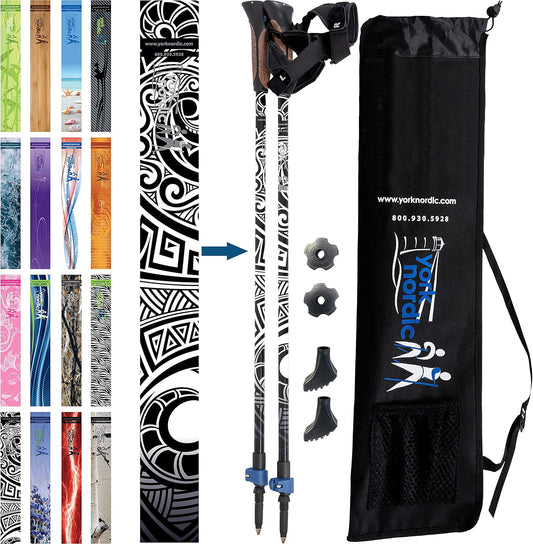 Official Nordic Walking Poles - True Classic Nordic Glove Grips, Lightweight, Adjustable, and Collapsible -2 Pieces w/flip Locks, Detachable Feet and Travel Bag by York Nordic - Heights 5'4"-6'2"