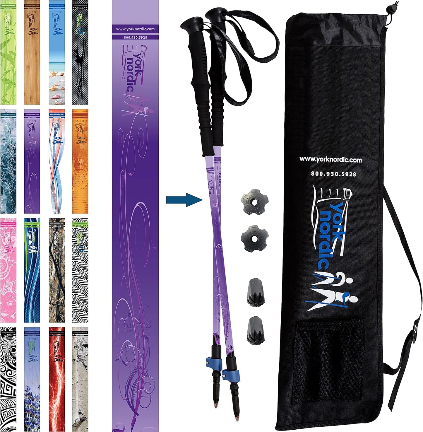 York Nordic Hiking & Walking Poles - Cushion Foam Grips w/Nordic Strap - Lightweight, Adjustable, and Great for Balance -2 Pieces w/Flip Locks, and Travel Bag - Heights 5'4"-6'2"