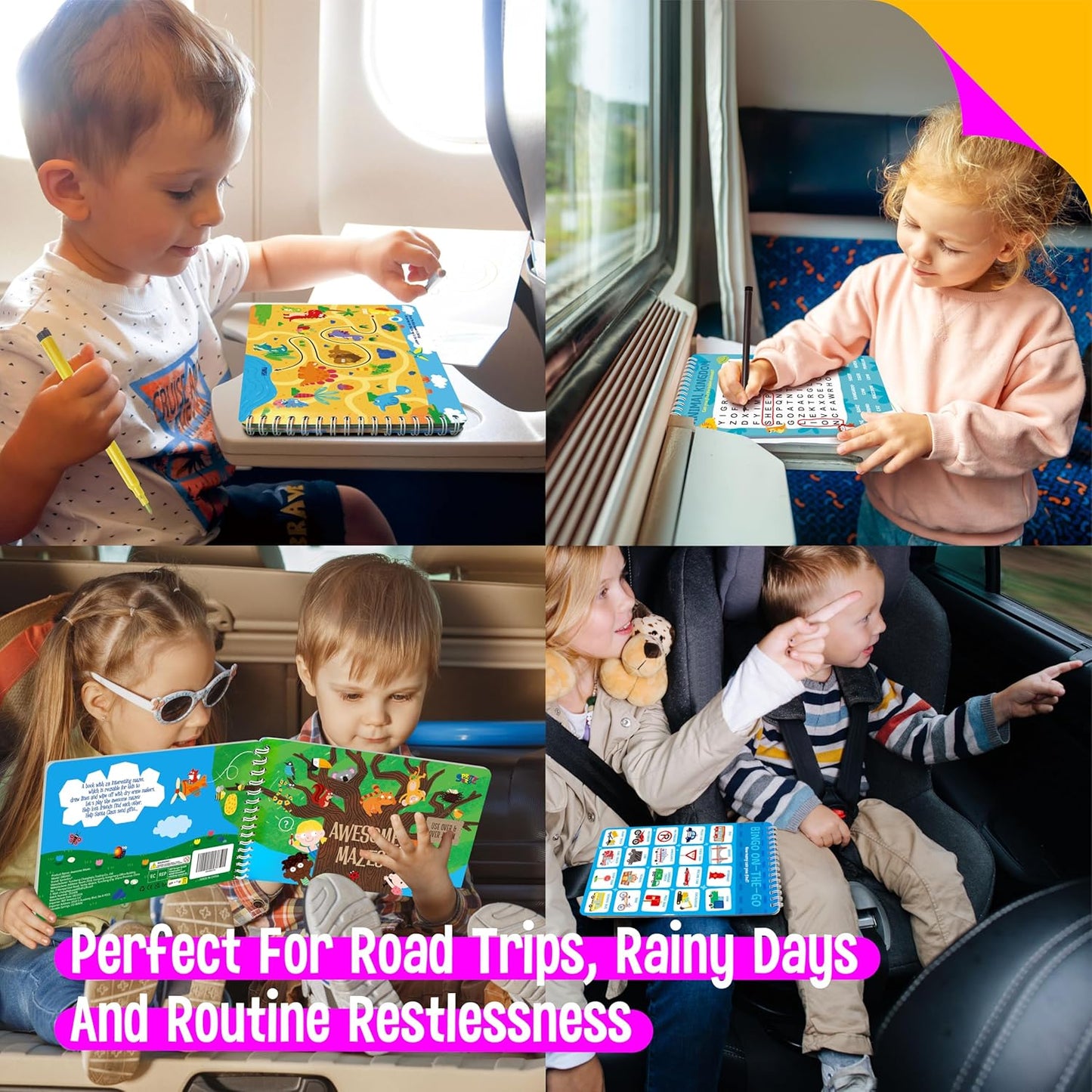 SpriteGru 2 Travel Game Pads, 61 Dry Erase Activities Games Reusable & Erasable Book, Fun Brain Challenge Games Interesting Educational Toy and Learning Tool for Road Trip Airplane Travel