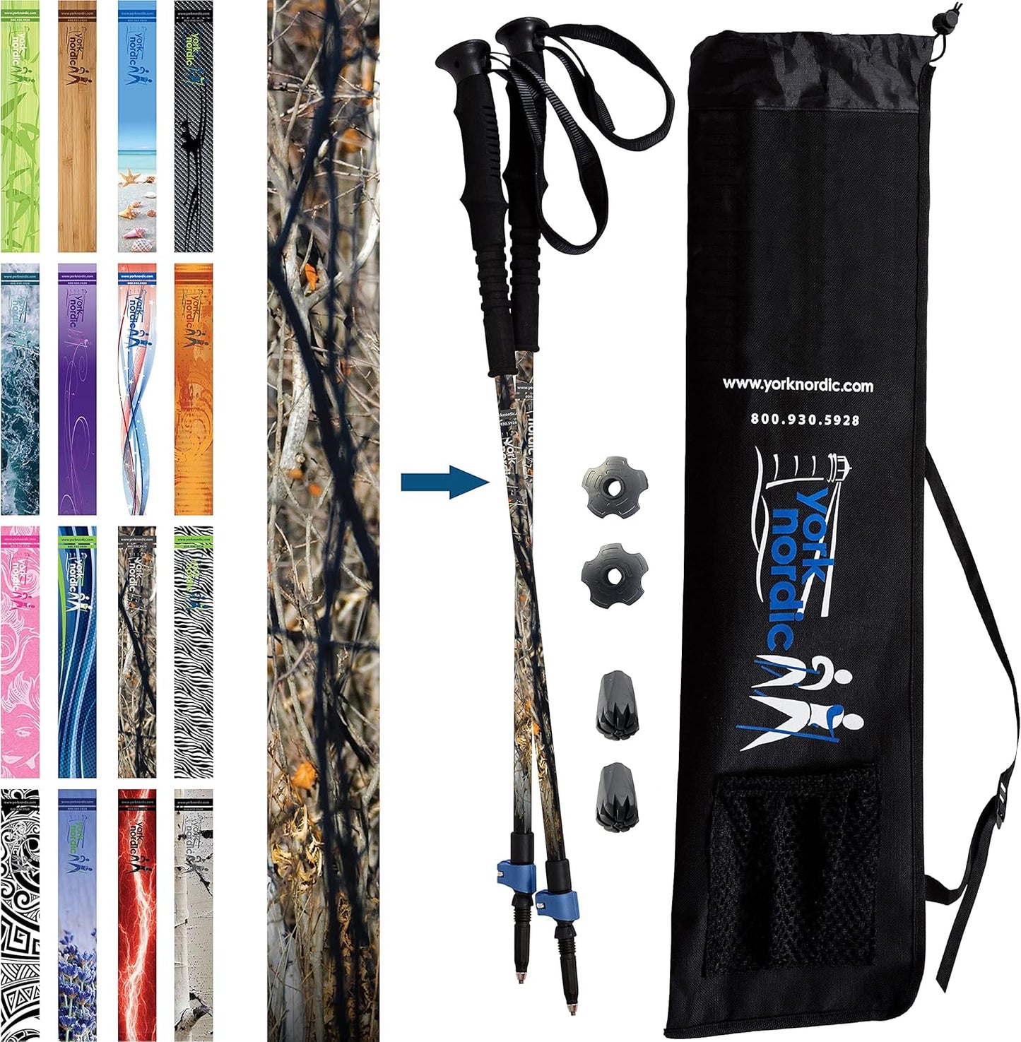York Nordic Hiking & Walking Poles - Cushion Foam Grips w/Nordic Strap - Lightweight, Adjustable, and Great for Balance -2 Pieces w/Flip Locks, and Travel Bag - Heights 5'4"-6'2"