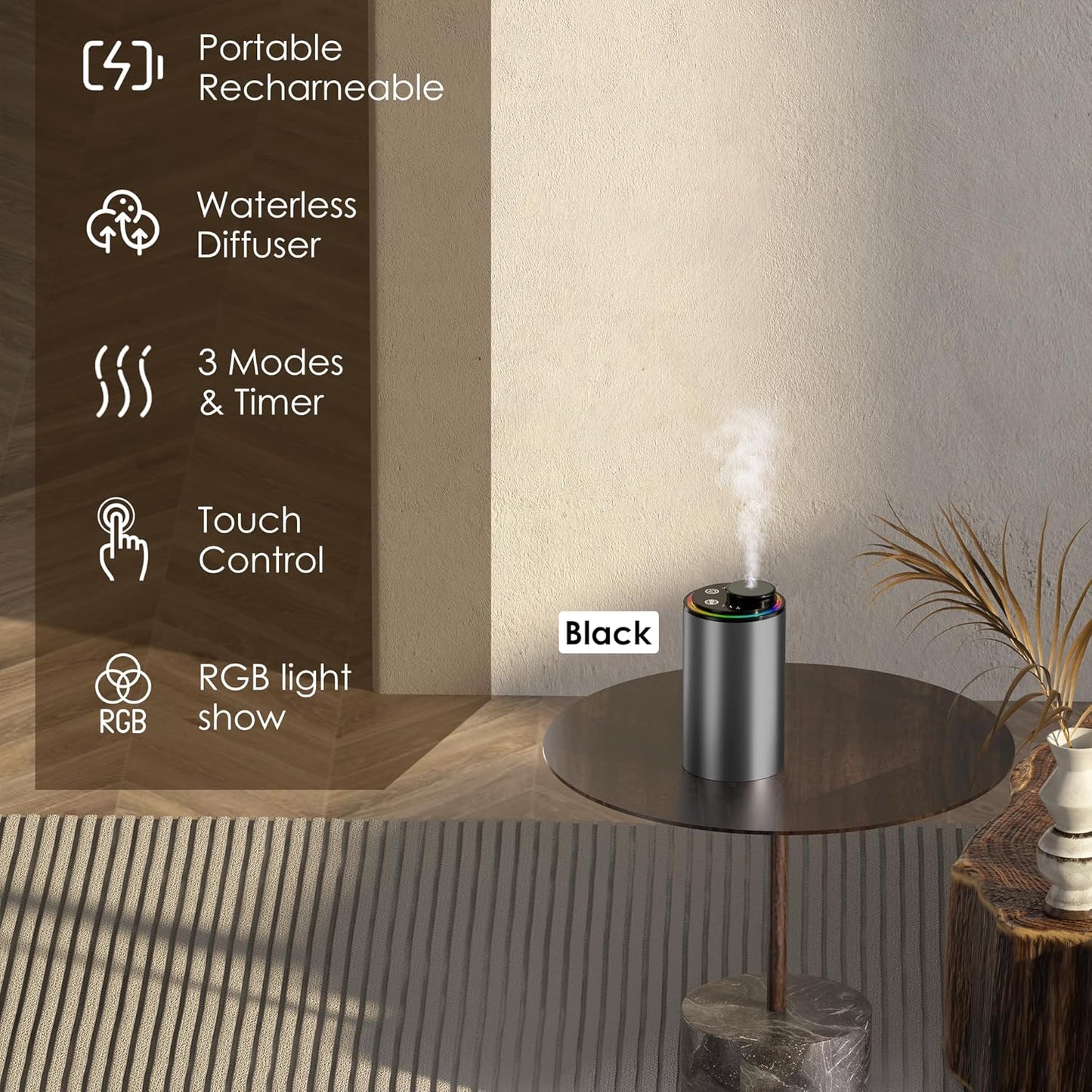 Waterless Essential Oil Diffuser, Portable Aromatherapy Diffuser,3 Countdown Timers & 3 Mist Levels for Home, Room, Car, Office (Grey)