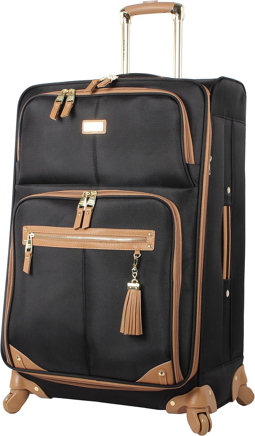 Steve Madden Designer Luggage - Checked Large 28 Inch Softside Suitcase - Expandable for Extra Packing Capacity - Lightweight Bag with Rolling Spinner Wheels, Harlo Black, 28in