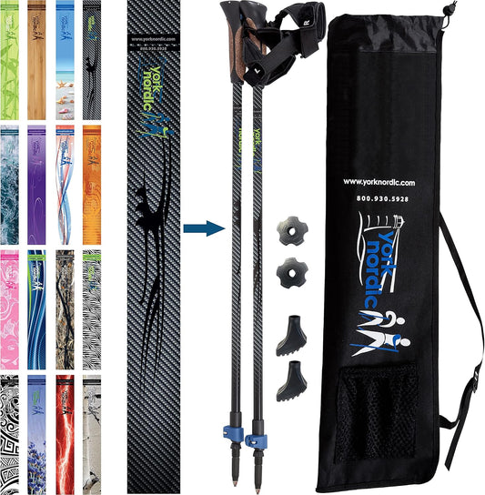 Official Nordic Walking Poles - True Classic Nordic Glove Grips, Lightweight, Adjustable, and Collapsible -2 Pieces w/flip Locks, Detachable Feet and Travel Bag by York Nordic - Heights 5'4"-6'2"