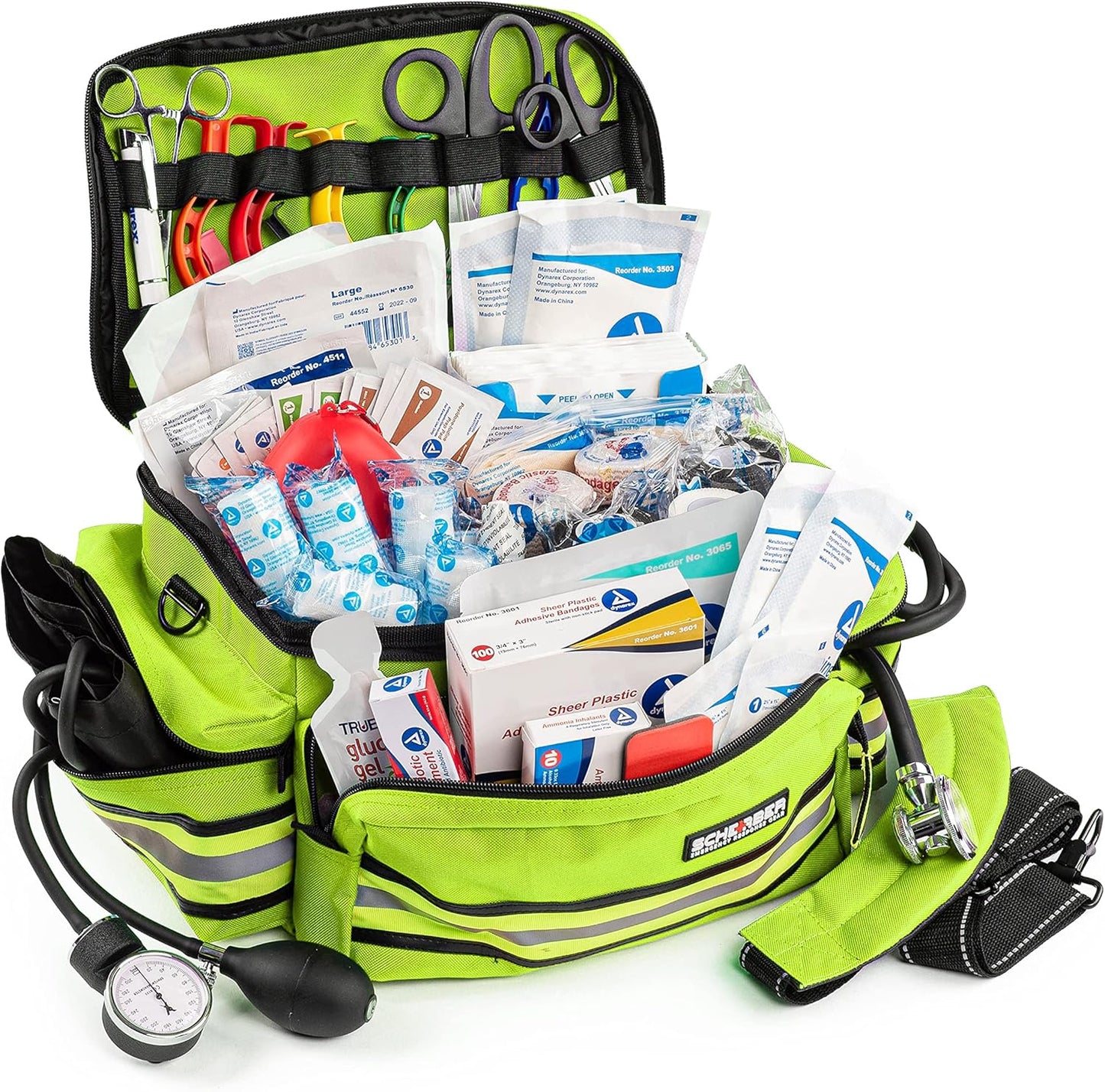 Scherber First Responder Fully-Stocked Professional Essentials EMT/EMS Trauma Kit | HSA/FSA Approved | Reflective Bag w/8 Zippered Pockets & Compartments & 200+ First Aid Supplies - Yellow