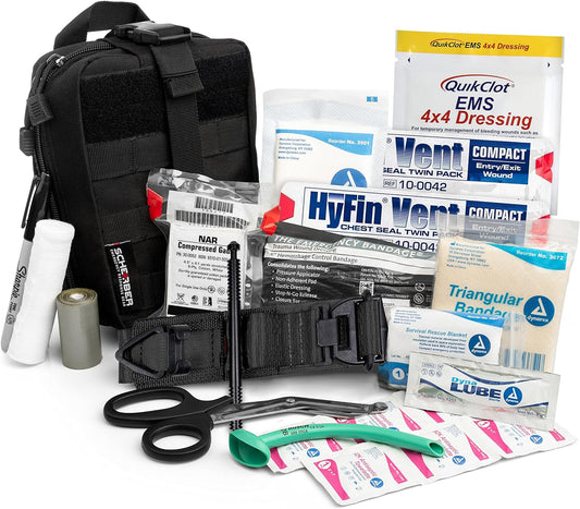 Scherber Premium IFAK Kit Trauma Pack | HSA/FSA Approved | SOF Tourniquet, QuikClot 4x4 HyFin Chest Seal, Israeli Bandage | Fully Stocked MOLLE Pouch for Gunshot, Bleeding, Major Wound Care (Black)