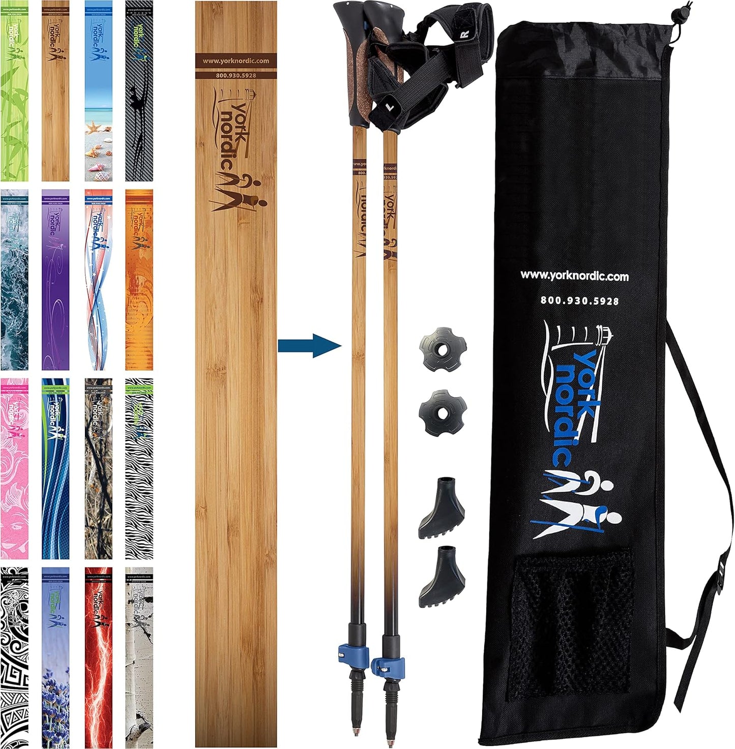 Official Nordic Walking Poles - True Classic Nordic Glove Grips, Lightweight, Adjustable, and Collapsible -2 Pieces w/flip Locks, Detachable Feet and Travel Bag by York Nordic - Heights 5'4"-6'2"