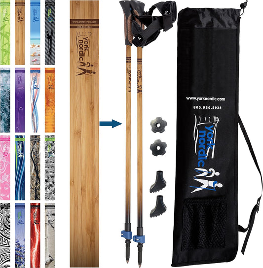 Official Nordic Walking Poles - True Classic Nordic Glove Grips, Lightweight, Adjustable, and Collapsible -2 Pieces w/flip Locks, Detachable Feet and Travel Bag by York Nordic - Heights 5'4"-6'2"
