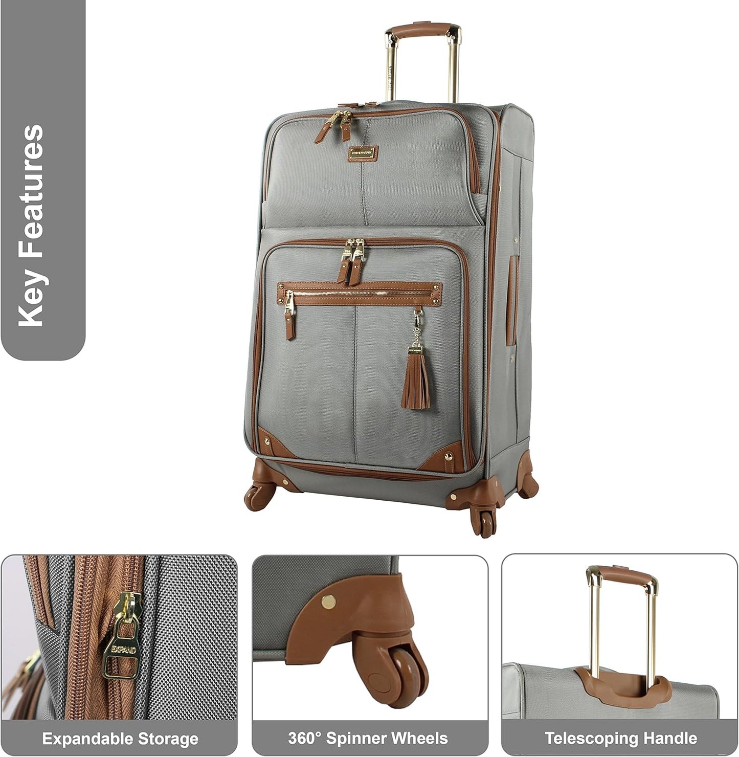 Steve Madden Designer Luggage - Checked Large 28 Inch Softside Suitcase - Expandable for Extra Packing Capacity - Lightweight Bag with Rolling Spinner Wheels (Harlo Gray)