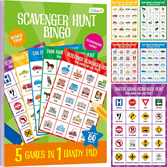 Road Trip Game Pad, 5 Games in 1 (Farm Animals, Car Colors, Buildings, Traffic Signs, Vehicles Scavenger Hunt Bingo), Pen Pencil Paper Game, Plane Trip/Car Travel/Getaway Activity Pad for Kid, Adult