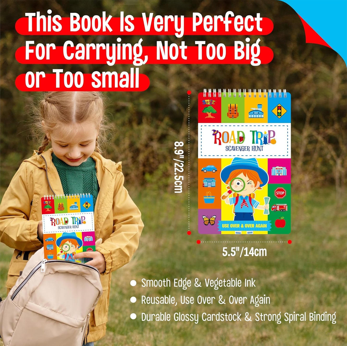 SpriteGru Scavenger Hunt Activities Book, 30 Road Trip Bingo Games, Reusable & Erasable Game Pad, Interesting Explore and Find Activity Travel Toy for Road Trip, Airplane Travel