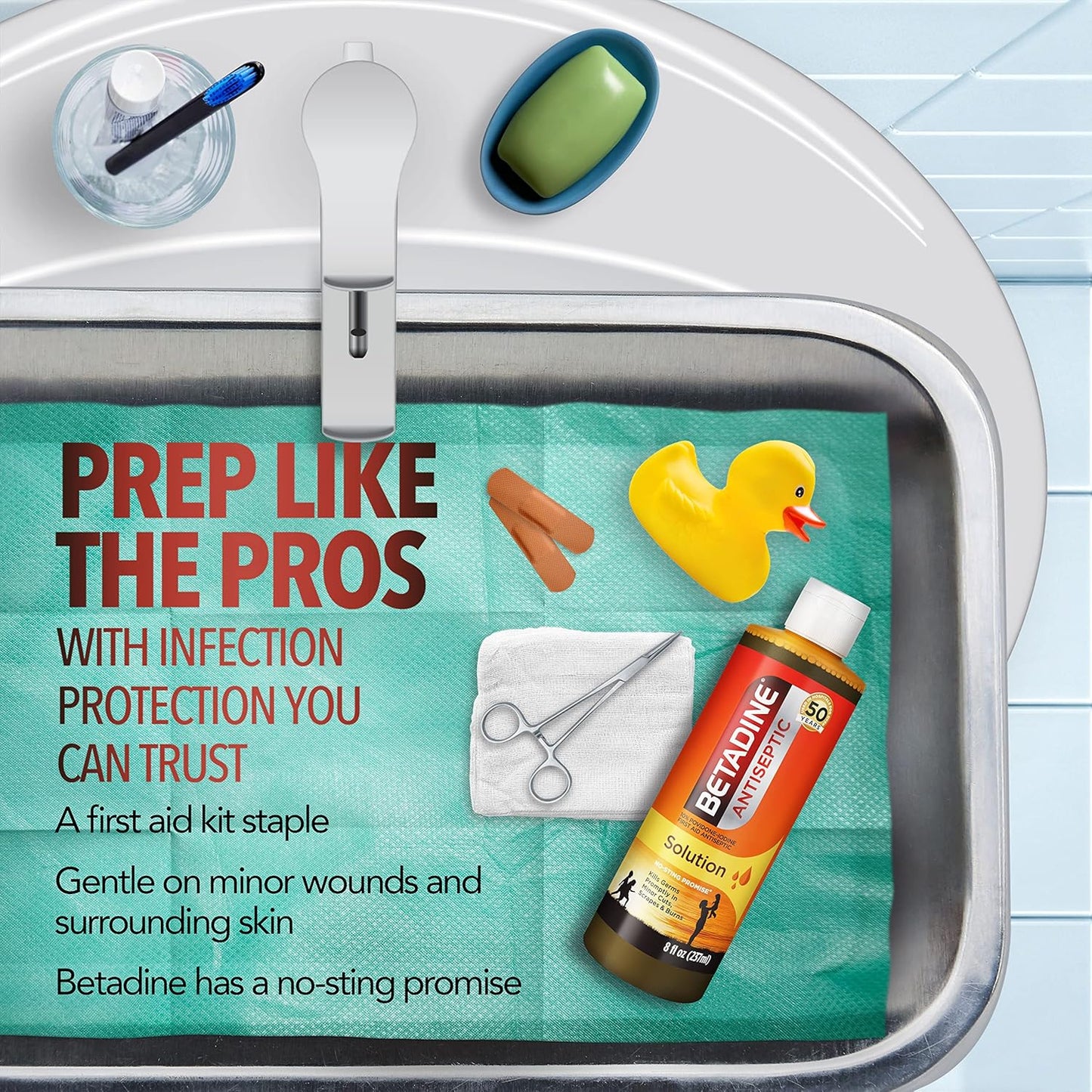 Betadine Antiseptic First Aid Solution, Povidone-iodine 10%, Infection Protection, Kills Germs In Minor Cuts Scrapes And Burns, No Sting Promise, No Alcohol or Hydrogen Peroxide, 8 FL OZ