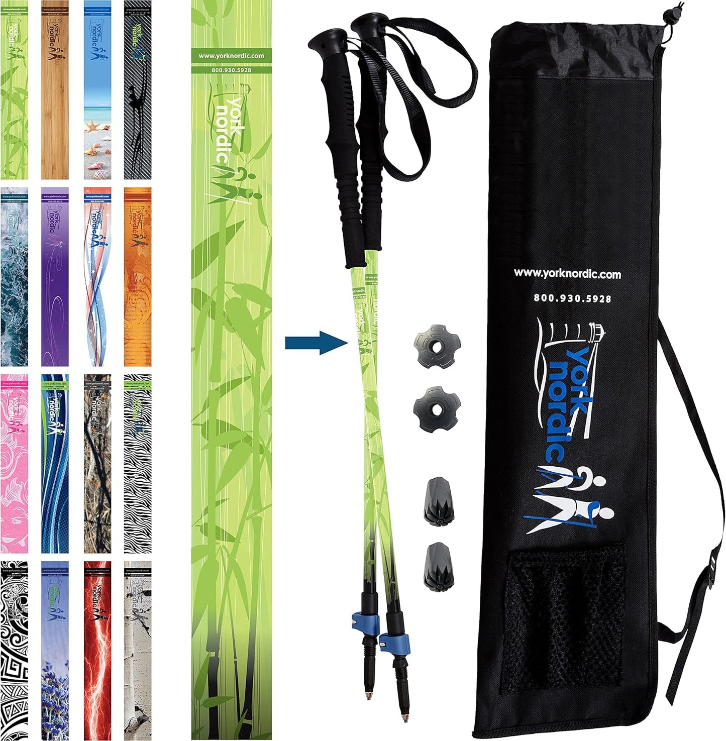 York Nordic Hiking & Walking Poles - Cushion Foam Grips w/Nordic Strap - Lightweight, Adjustable, and Great for Balance -2 Pieces w/Flip Locks, and Travel Bag - Heights 5'4"-6'2"