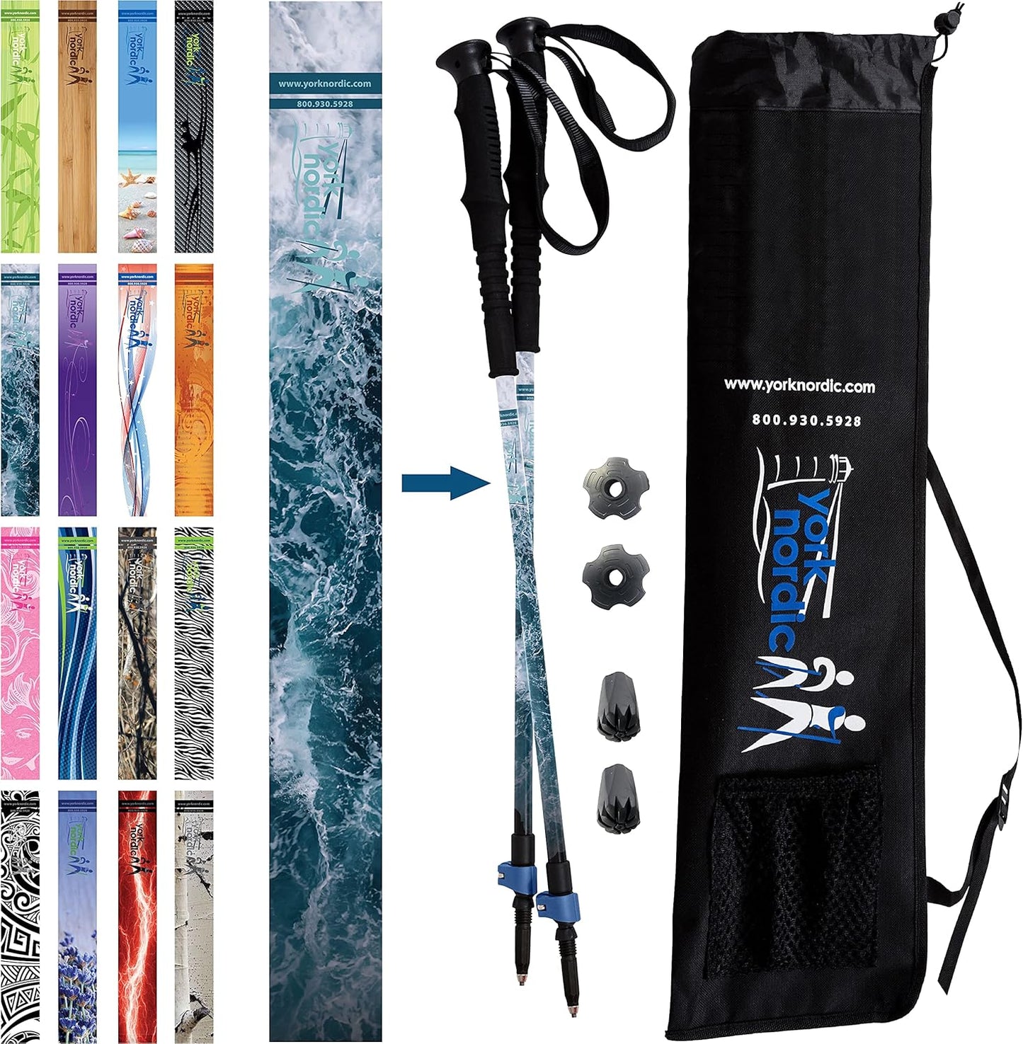 York Nordic Hiking & Walking Poles - Cushion Foam Grips w/Nordic Strap - Lightweight, Adjustable, and Great for Balance -2 Pieces w/Flip Locks, and Travel Bag - Heights 5'4"-6'2"