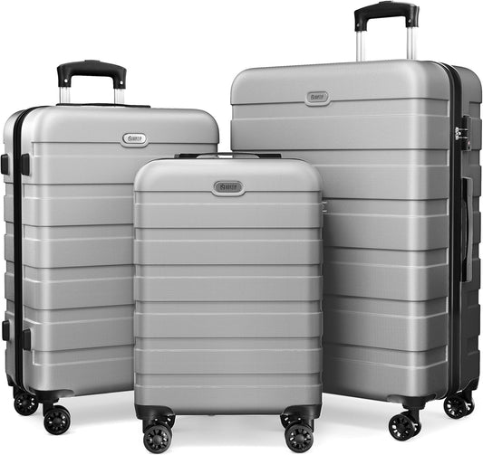 AnyZip Luggage Sets 3 Piece Hardshell Suitcase Set PC ABS Lightweight Travel Suitcases with 4 Double Spinner Wheels TSA Lock 20 24 28 Inch Silver