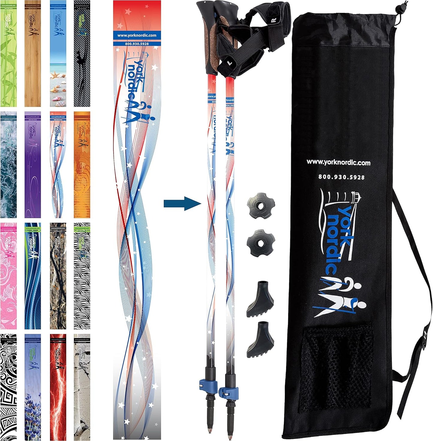 Official Nordic Walking Poles - True Classic Nordic Glove Grips, Lightweight, Adjustable, and Collapsible -2 Pieces w/flip Locks, Detachable Feet and Travel Bag by York Nordic - Heights 5'4"-6'2"
