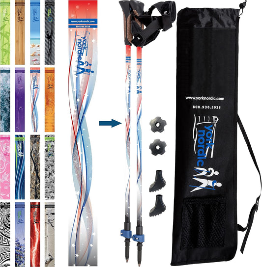 Official Nordic Walking Poles - True Classic Nordic Glove Grips, Lightweight, Adjustable, and Collapsible -2 Pieces w/flip Locks, Detachable Feet and Travel Bag by York Nordic - Heights 5'4"-6'2"