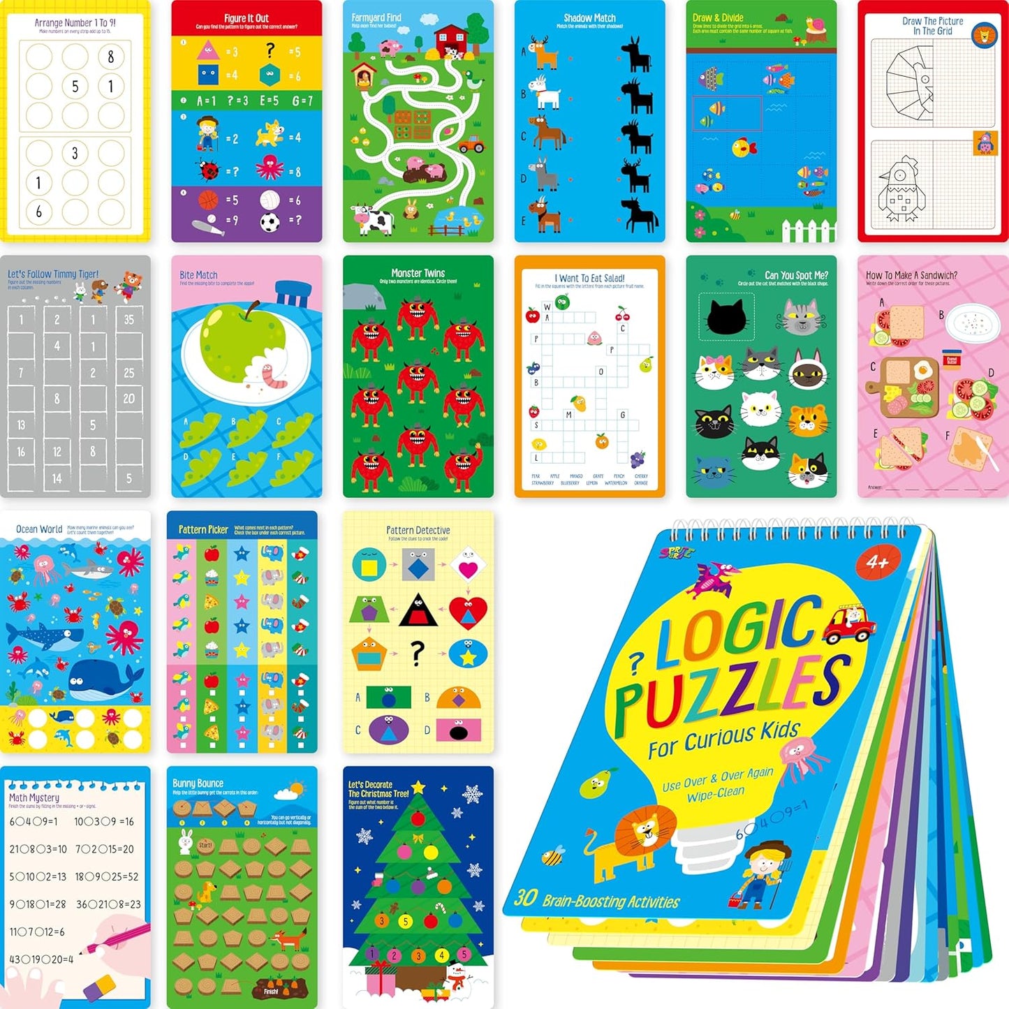 SpriteGru Logic Puzzles Game Pad, 30 Reusable & Erasable Logical Thinking Games, Dry Erase Brain-Boosting Puzzle Activities Book for Kids, Educational Toy for Road Trip, Airplane & Car Travel