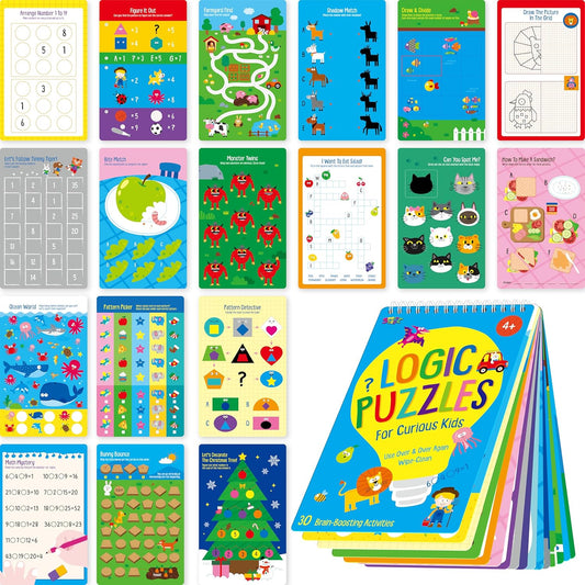 SpriteGru Logic Puzzles Game Pad, 30 Reusable & Erasable Logical Thinking Games, Dry Erase Brain-Boosting Puzzle Activities Book for Kids, Educational Toy for Road Trip, Airplane & Car Travel