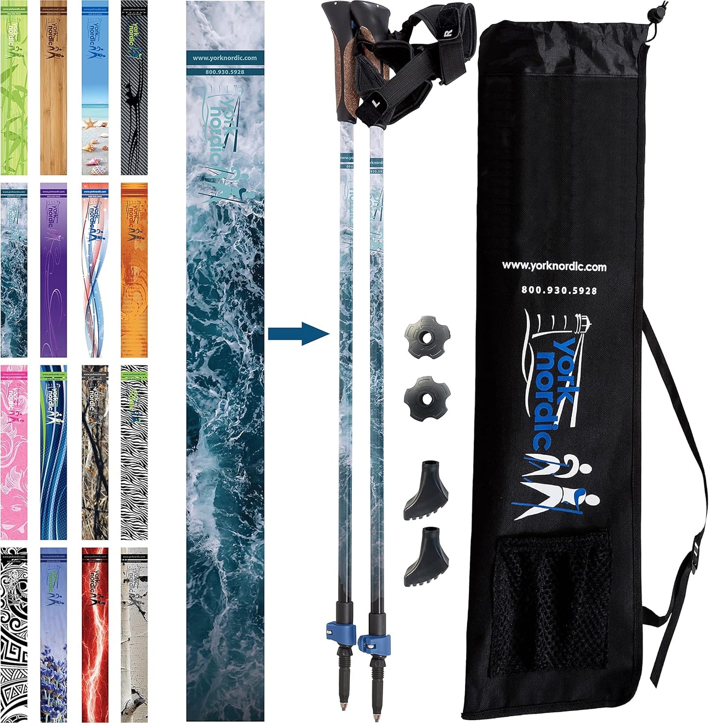 Official Nordic Walking Poles - True Classic Nordic Glove Grips, Lightweight, Adjustable, and Collapsible -2 Pieces w/flip Locks, Detachable Feet and Travel Bag by York Nordic - Heights 5'4"-6'2"