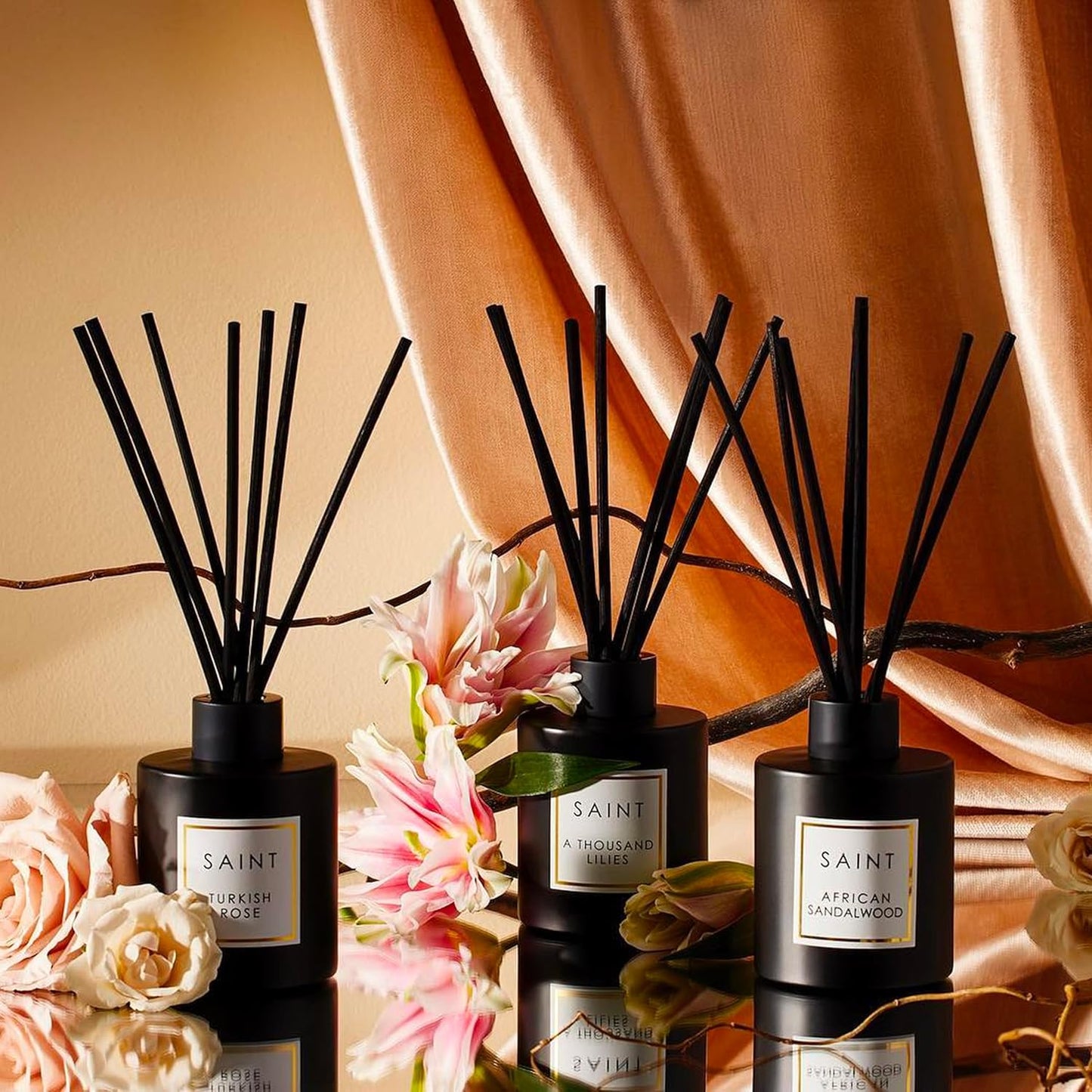 SAINT Reed Diffuser, Aromatherapy Diffuser Set with Scent Diffuser Sticks, Long-Lasting Oil Diffuser in Matte Black Glass Jar, Aroma Diffuser for Home, Bedroom, or Bathroom, 5oz, African Sandalwood