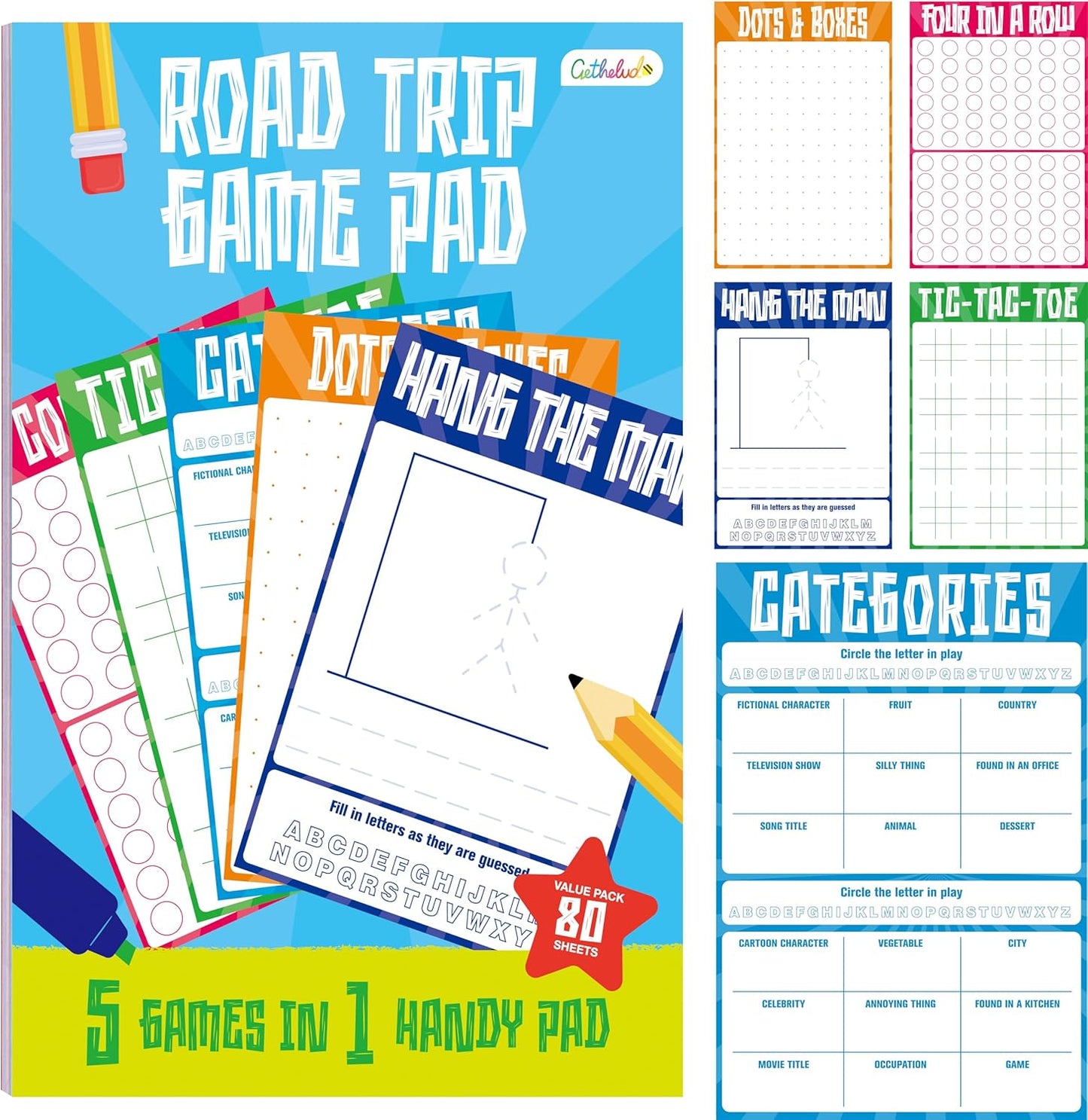 Road Trip Game Pad, 80 Perforated Sheets Travel Activity Pad, 5 Games in 1 Pad, Plane, Car Trip Activity, Pen Pencil & Paper Game for Kids, Adults (6” x 9”)