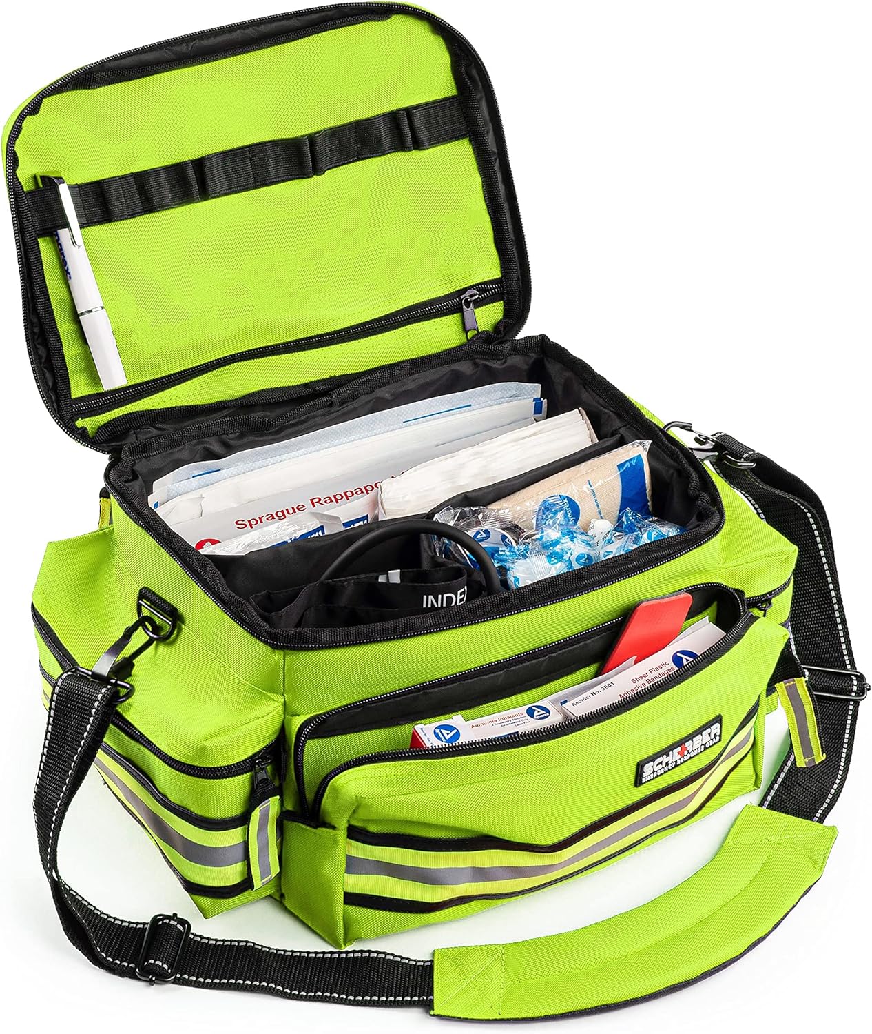 Scherber First Responder Fully-Stocked Professional Essentials EMT/EMS Trauma Kit | HSA/FSA Approved | Reflective Bag w/8 Zippered Pockets & Compartments & 200+ First Aid Supplies - Yellow