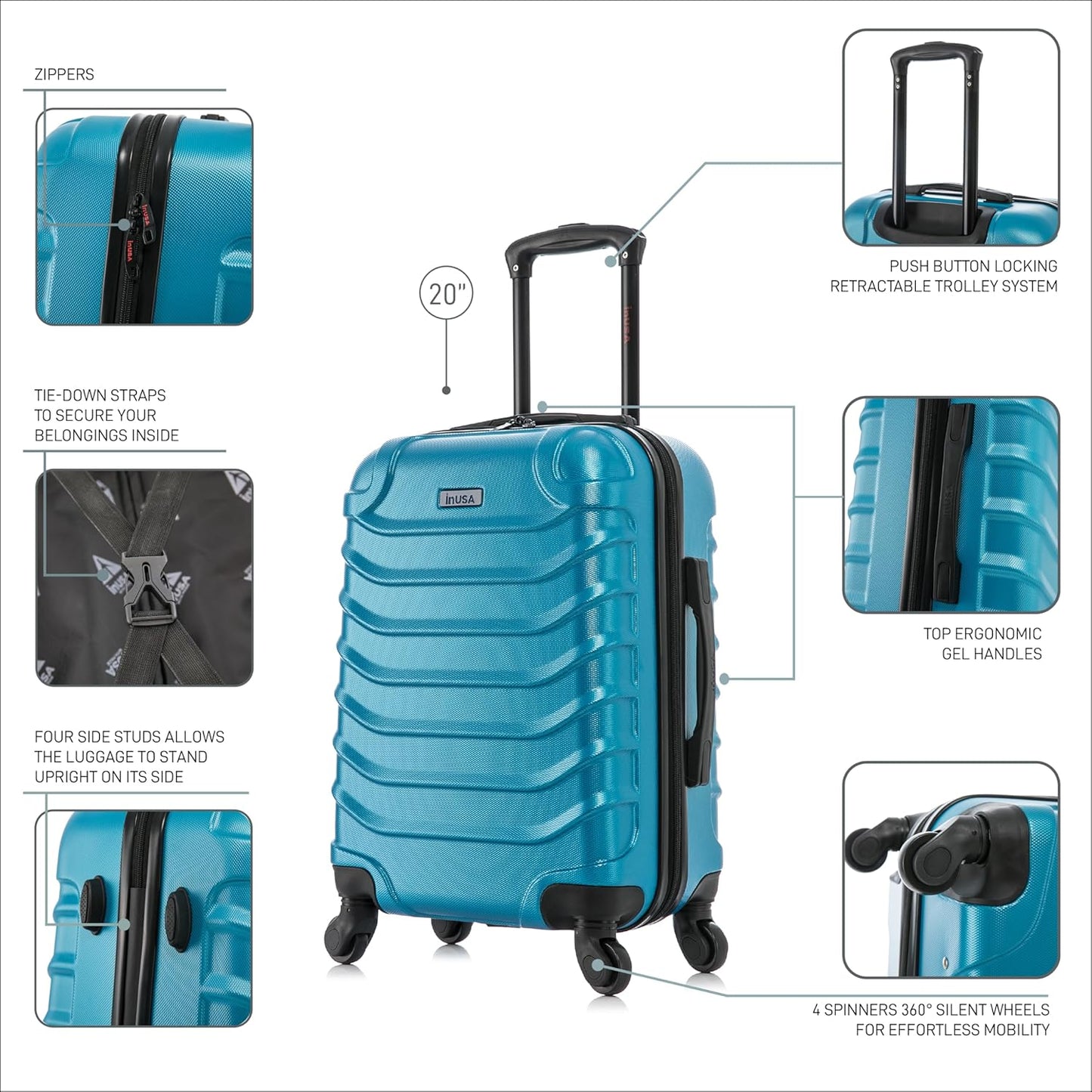 InUSA ENDURANCE Luggage with Spinner Wheels | Durable Lightweight Hardshell Suitcase, Spacious Travel Bag with Handle and Trolley | 20-Inch Carry On Small Luggage | Teal