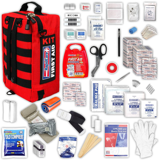 Rapid Care Premium Trauma First Aid Kit for Outdoors, Workplace, and Home - Exceed OSHA Guidelines and ANSI 2009 Standards - 240 Pieces - Includes Bonus Travel Kit