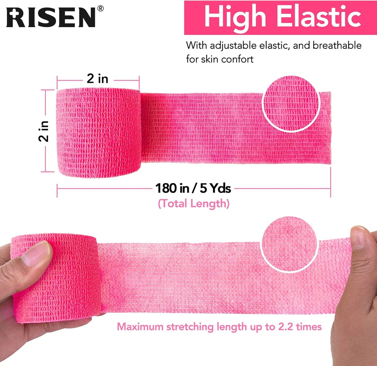 RISEN Cohesive Bandage 2” x 5 Yards, 6 Rolls, Self Adherent Wrap Medical Tape, Adhesive Flexible Breathable First Aid Gauze Ideal for Stretch Athletic