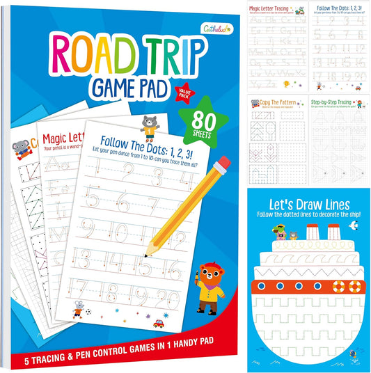 Pen Control & Tracing Activity Pad, 80 Tear-off Sheets Alphabet & Number Handwriting Practice Notepad for Kids, Letters A-Z/Numbers1-20/Patterns Tracing Workbook for Plane, Car Travel, Road Trip