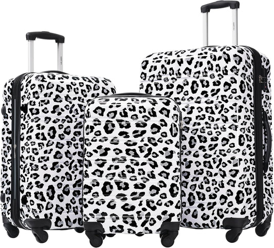 Merax Luggage Sets 3 Piece, Hardside Expandable Suitcase Set with Spinner Wheels, Lightweight Leopard Luggage 20+24+28 IN, Leopard White+Black