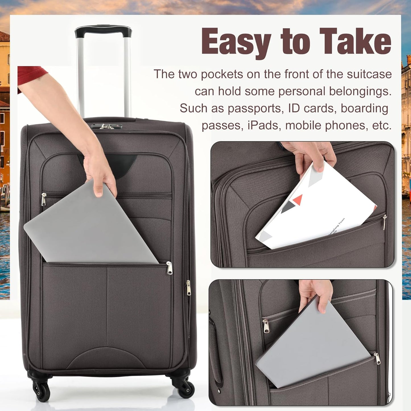 Merax Softside Luggage Set 3 Piece Suitcase with Duffel Bag Spinner Wheels Lightweight Expandable Travel Luggage 22" 26" 30",Brown