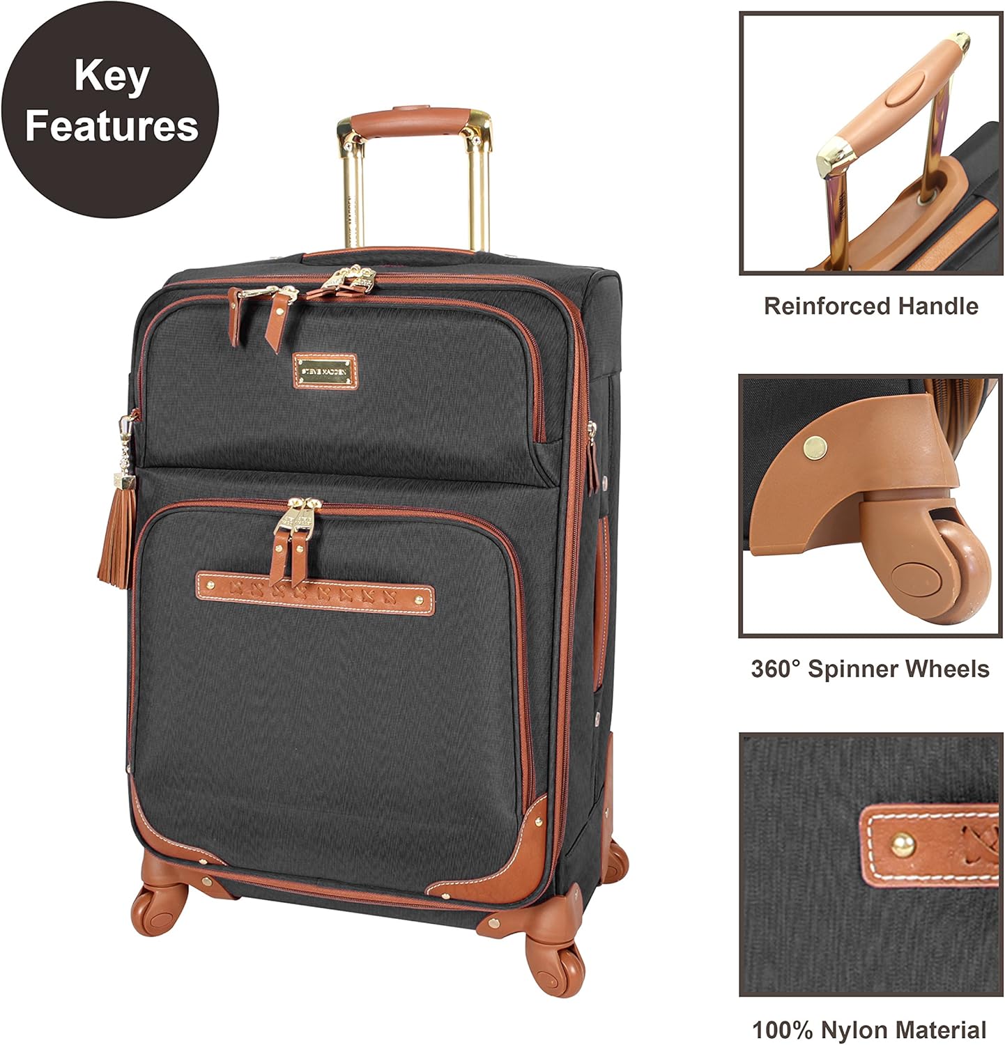 Steve Madden Luggage Midsize Softside 24" Expandable Suitcase With Spinner Wheels (24in, Global Black)