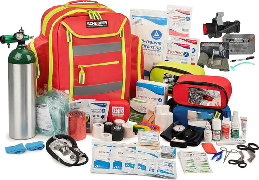 Scherber Fully-Stocked Premium First Responder Backpack | EMT/EMS Medic Trauma, Bleeding & Oxygen Medical Kit | CAT Tourniquet, QuikClot 4x4, HyFin Chest Seal & 250+ First Aid Supplies - Red