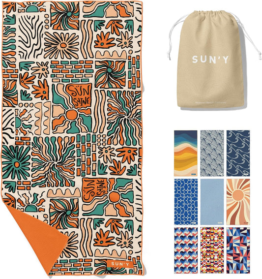 SUN'Y Waffle Microfiber Beach Towel – Sand Free, Quick Dry, Ultra Absorbent, Lightweight & Compact Travel Towel with Carry Bag - Large (63” x 31.5”), Groovy