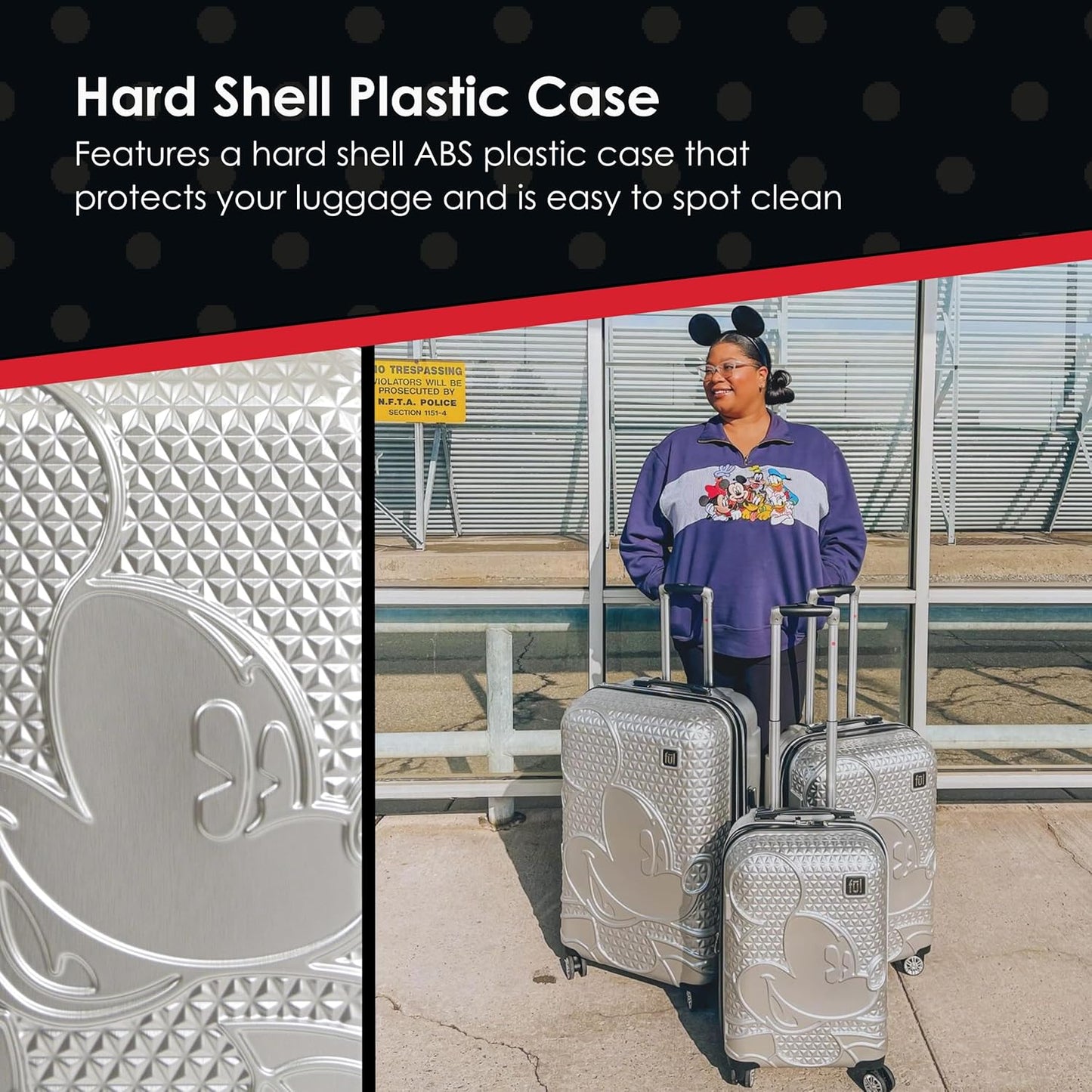 FUL Disney Mickey Mouse 22 Inch Carry On Luggage, Hardshell Rolling Suitcase with Spinner Wheels, Silver