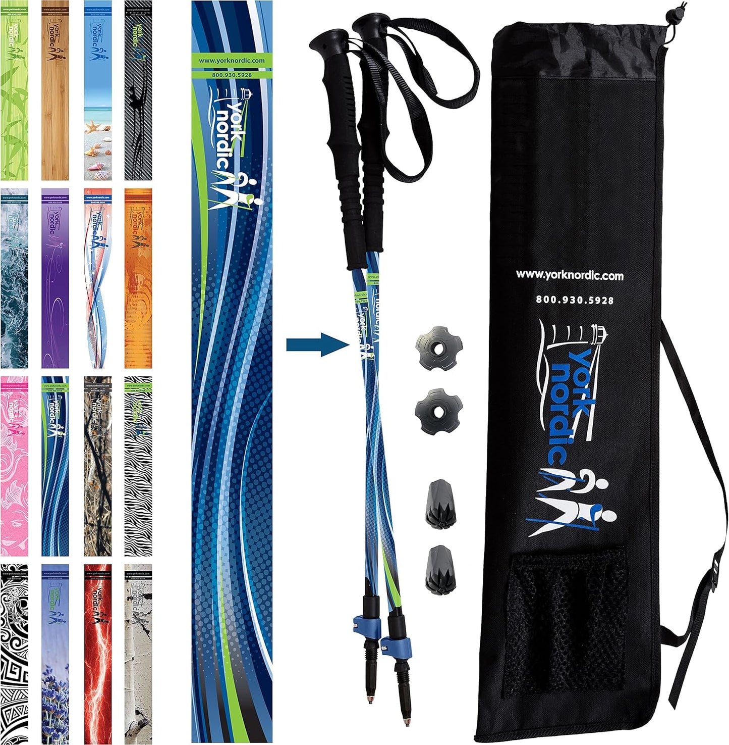 York Nordic Hiking & Walking Poles - Cushion Foam Grips w/Nordic Strap - Lightweight, Adjustable, and Great for Balance -2 Pieces w/Flip Locks, and Travel Bag - Heights 5'4"-6'2"