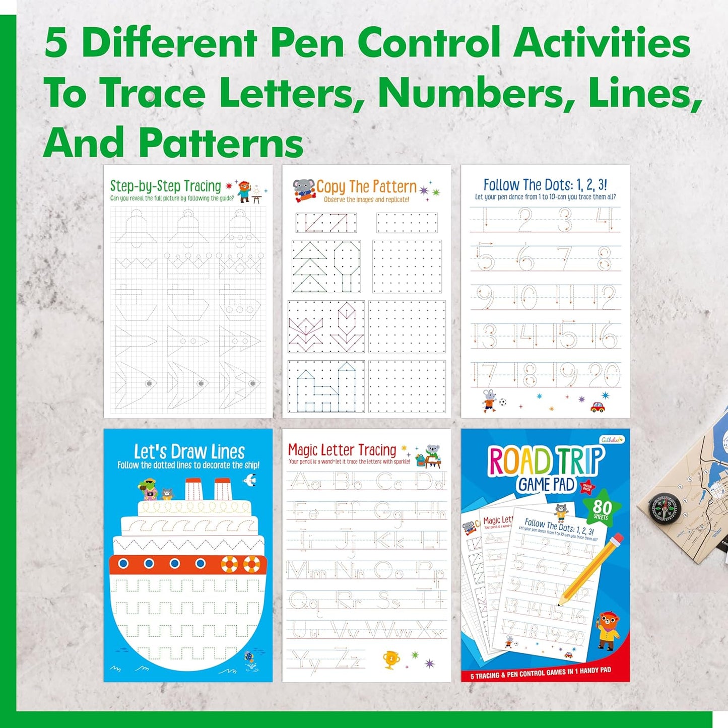 Pen Control & Tracing Activity Pad, 80 Tear-off Sheets Alphabet & Number Handwriting Practice Notepad for Kids, Letters A-Z/Numbers1-20/Patterns Tracing Workbook for Plane, Car Travel, Road Trip