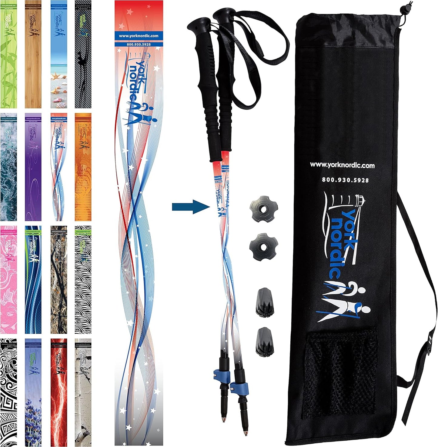 York Nordic Hiking & Walking Poles - Cushion Foam Grips w/Nordic Strap - Lightweight, Adjustable, and Great for Balance -2 Pieces w/Flip Locks, and Travel Bag - Heights 5'4"-6'2"